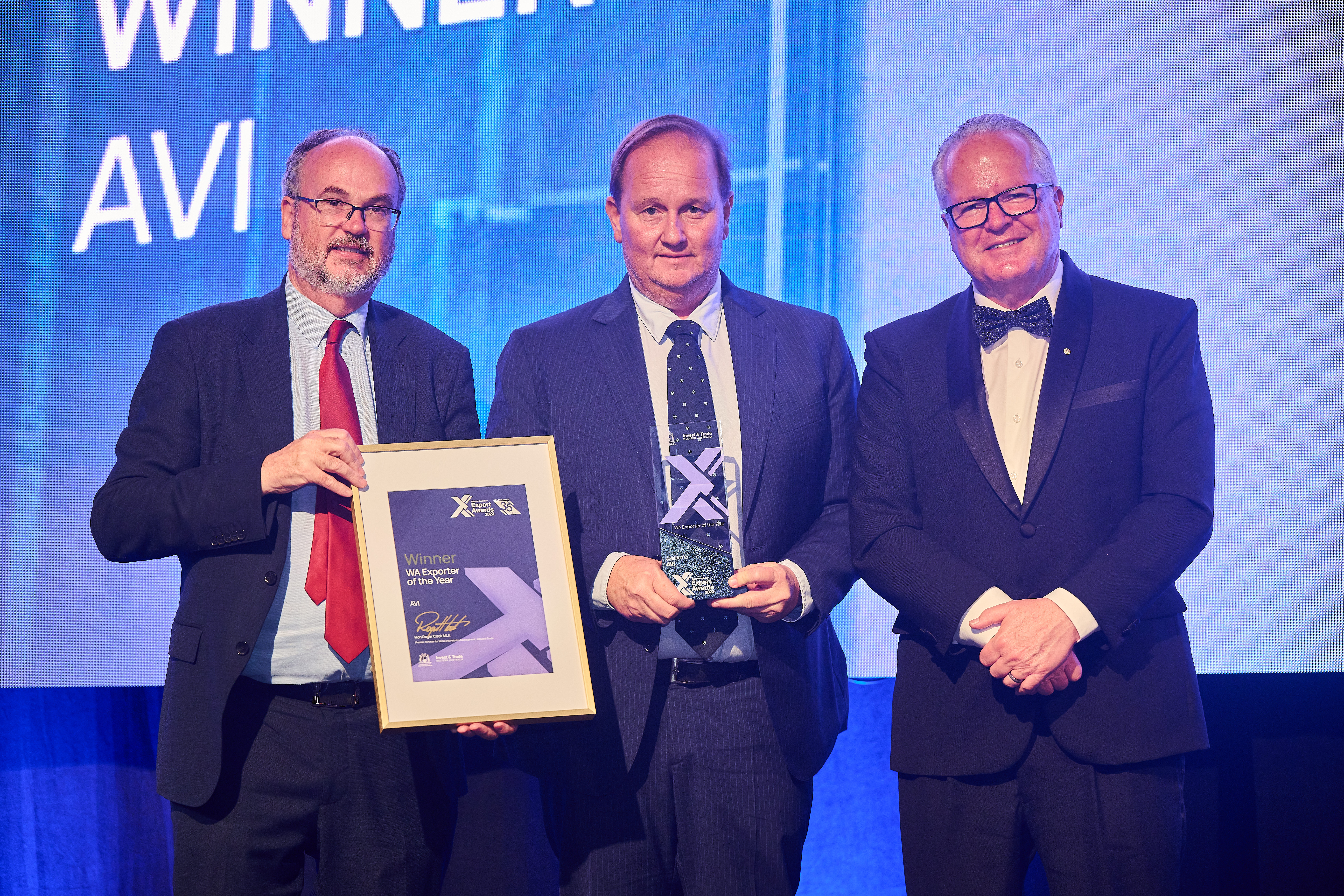 2023 Export Awards: AVI on the stage being presented the Exporter of the Year Award AVI on the stage being presented the Exporter of the Year Award