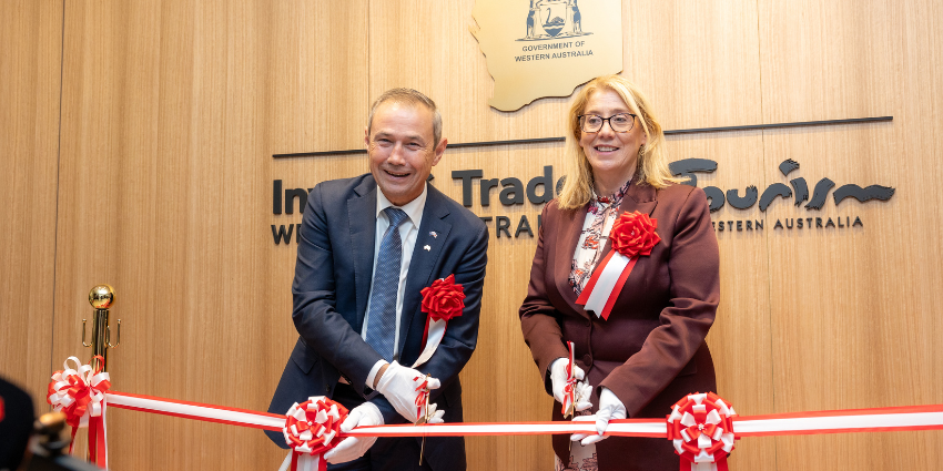 Premier Roger Cook and Deputy Premier Rita Saffioti performing a ribon-cutting ceremony at the unveiling of the new Invest and Trade WA Tokyo Office